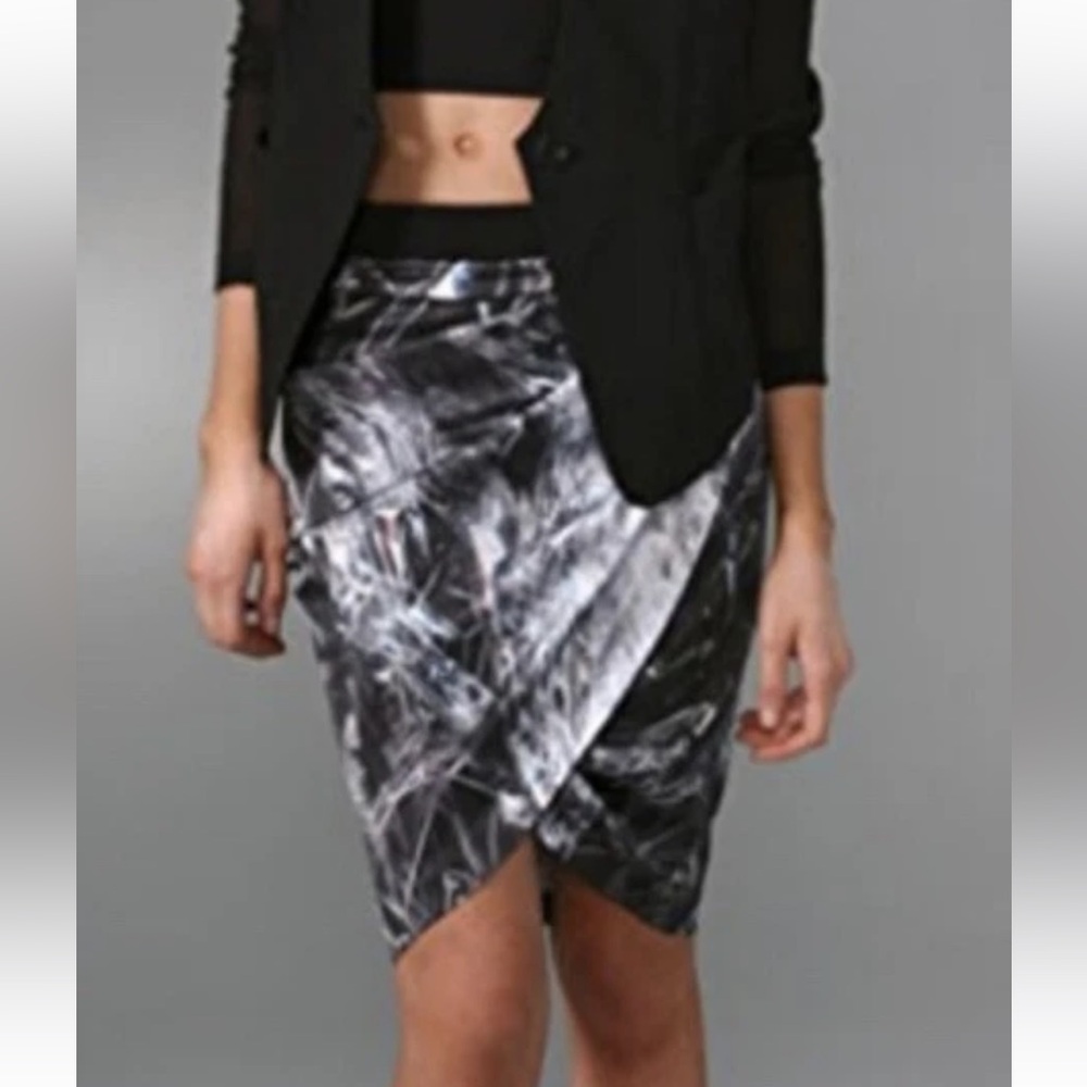Helmut Lang Cellophane Printed Stretch Silk Tulip Hem Wrap Skirt Black Sz 6 D2